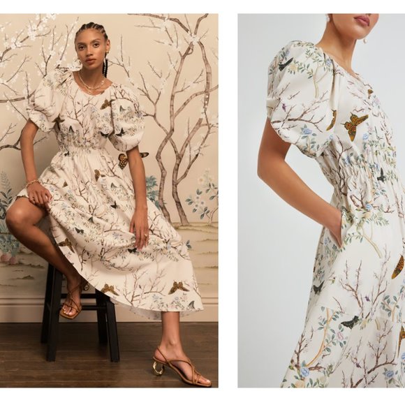 g label by goop Dresses & Skirts - Goop G. Label Chic Cream Floral Midi Dress with Puff Sleeves